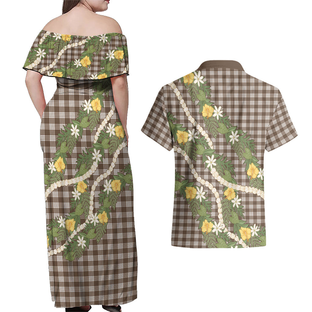 Aloha Puakenikeni Anthurium Pikake Lei Couples Matching Off Shoulder Maxi Dress and Hawaiian Shirt Chocolate Hawaiian Palaka Pattern