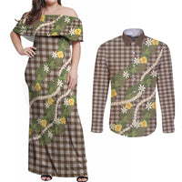 Aloha Puakenikeni Anthurium Pikake Lei Couples Matching Off Shoulder Maxi Dress and Long Sleeve Button Shirt Chocolate Hawaiian Palaka Pattern