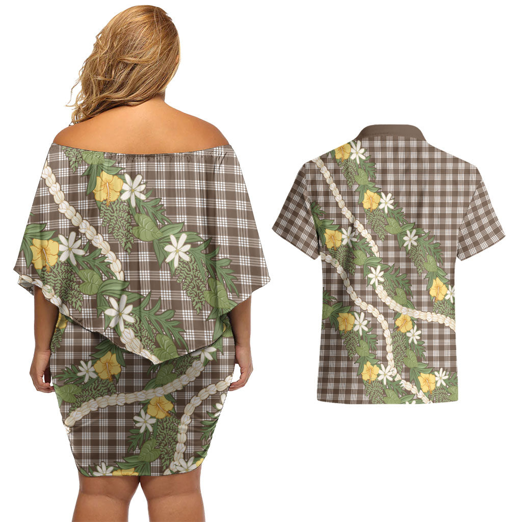 Aloha Puakenikeni Anthurium Pikake Lei Couples Matching Off Shoulder Short Dress and Hawaiian Shirt Chocolate Hawaiian Palaka Pattern