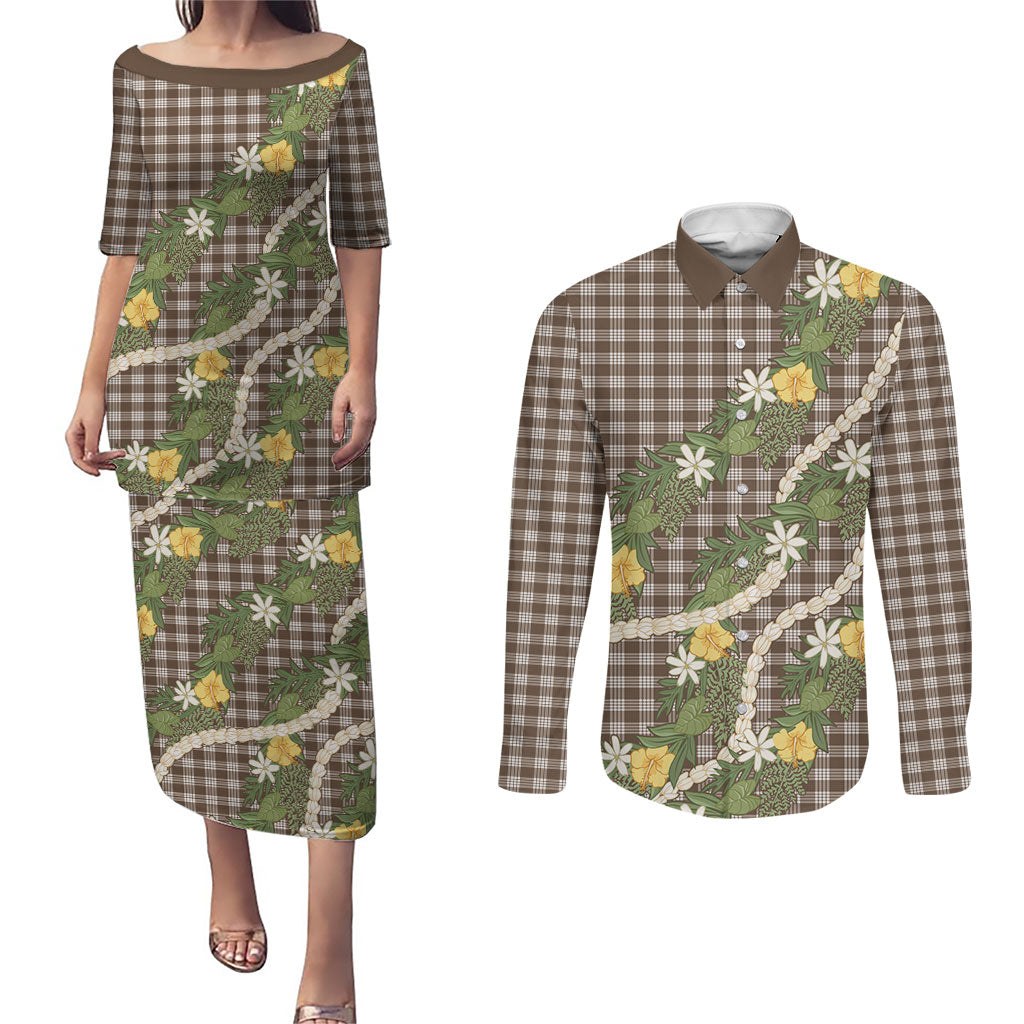 Aloha Puakenikeni Anthurium Pikake Lei Couples Matching Puletasi and Long Sleeve Button Shirt Chocolate Hawaiian Palaka Pattern LT9 Chocolate - Polynesian Pride