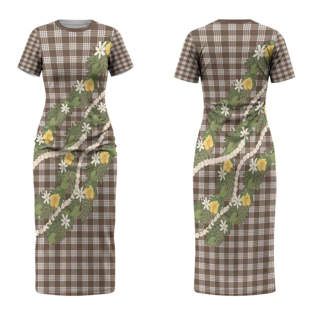 Aloha Puakenikeni Anthurium Pikake Lei Couples Matching Short Sleeve Bodycon Dress and Hawaiian Shirt Chocolate Hawaiian Palaka Pattern LT9 - Polynesian Pride
