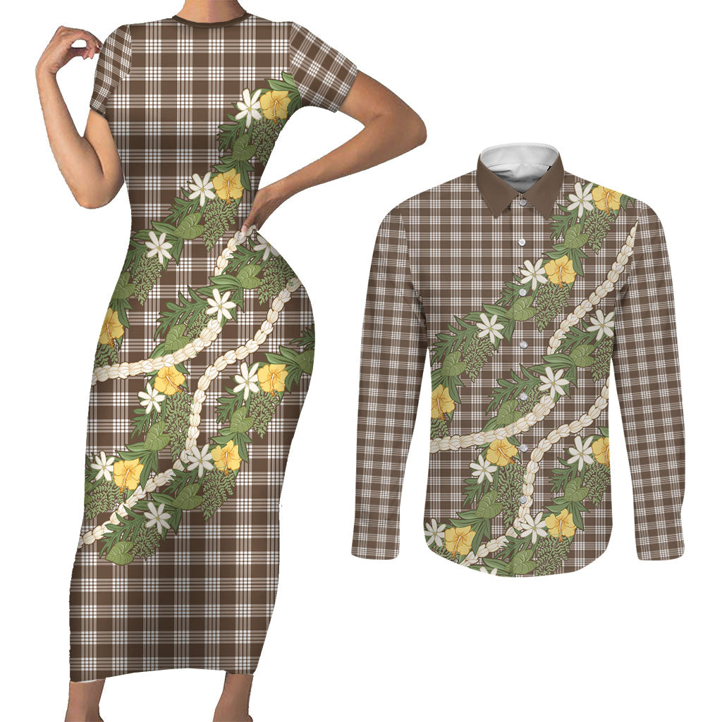 Aloha Puakenikeni Anthurium Pikake Lei Couples Matching Short Sleeve Bodycon Dress and Long Sleeve Button Shirt Chocolate Hawaiian Palaka Pattern LT9 Chocolate - Polynesian Pride