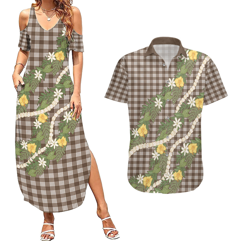 Aloha Puakenikeni Anthurium Pikake Lei Couples Matching Summer Maxi Dress and Hawaiian Shirt Chocolate Hawaiian Palaka Pattern LT9 Chocolate - Polynesian Pride