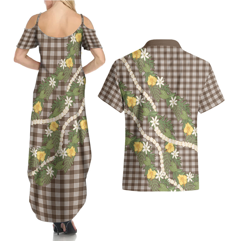 Aloha Puakenikeni Anthurium Pikake Lei Couples Matching Summer Maxi Dress and Hawaiian Shirt Chocolate Hawaiian Palaka Pattern