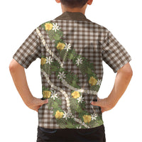 Aloha Puakenikeni Anthurium Pikake Lei Family Matching Long Sleeve Bodycon Dress and Hawaiian Shirt Chocolate Hawaiian Palaka Pattern