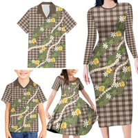 Aloha Puakenikeni Anthurium Pikake Lei Family Matching Long Sleeve Bodycon Dress and Hawaiian Shirt Chocolate Hawaiian Palaka Pattern