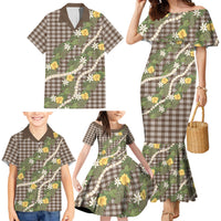Aloha Puakenikeni Anthurium Pikake Lei Family Matching Mermaid Dress and Hawaiian Shirt Chocolate Hawaiian Palaka Pattern
