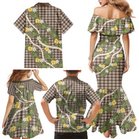 Aloha Puakenikeni Anthurium Pikake Lei Family Matching Mermaid Dress and Hawaiian Shirt Chocolate Hawaiian Palaka Pattern