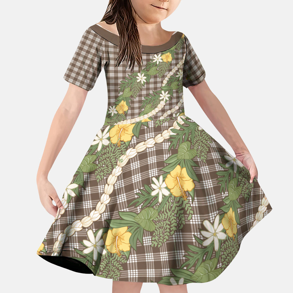 Aloha Puakenikeni Anthurium Pikake Lei Family Matching Off The Shoulder Long Sleeve Dress and Hawaiian Shirt Chocolate Hawaiian Palaka Pattern