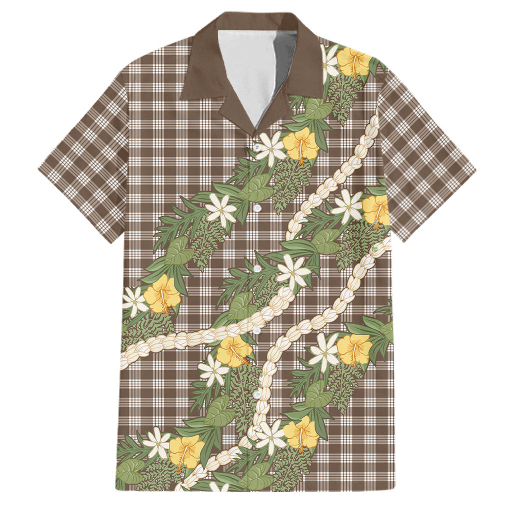 Aloha Puakenikeni Anthurium Pikake Lei Family Matching Off The Shoulder Long Sleeve Dress and Hawaiian Shirt Chocolate Hawaiian Palaka Pattern