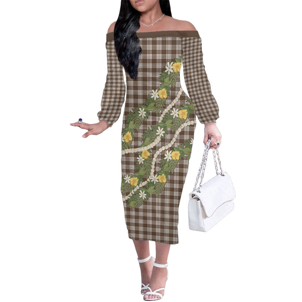 Aloha Puakenikeni Anthurium Pikake Lei Family Matching Off The Shoulder Long Sleeve Dress and Hawaiian Shirt Chocolate Hawaiian Palaka Pattern