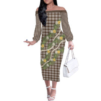 Aloha Puakenikeni Anthurium Pikake Lei Family Matching Off The Shoulder Long Sleeve Dress and Hawaiian Shirt Chocolate Hawaiian Palaka Pattern