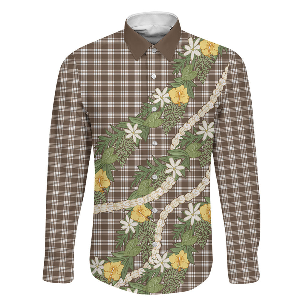 Aloha Puakenikeni Anthurium Pikake Lei Family Matching Off Shoulder Maxi Dress and Hawaiian Shirt Chocolate Hawaiian Palaka Pattern