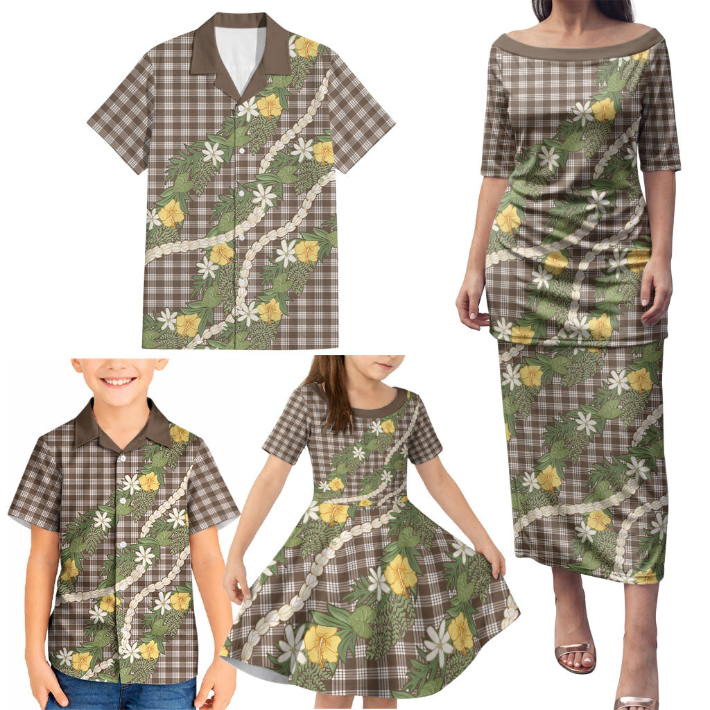 Aloha Puakenikeni Anthurium Pikake Lei Family Matching Puletasi and Hawaiian Shirt Chocolate Hawaiian Palaka Pattern LT9 - Polynesian Pride