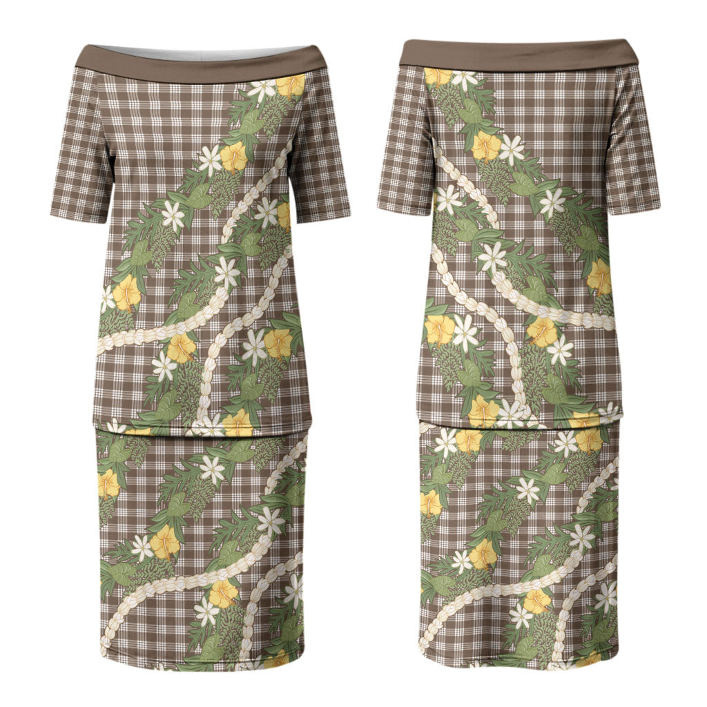Aloha Puakenikeni Anthurium Pikake Lei Family Matching Puletasi and Hawaiian Shirt Chocolate Hawaiian Palaka Pattern LT9 Mom's Dress Chocolate - Polynesian Pride