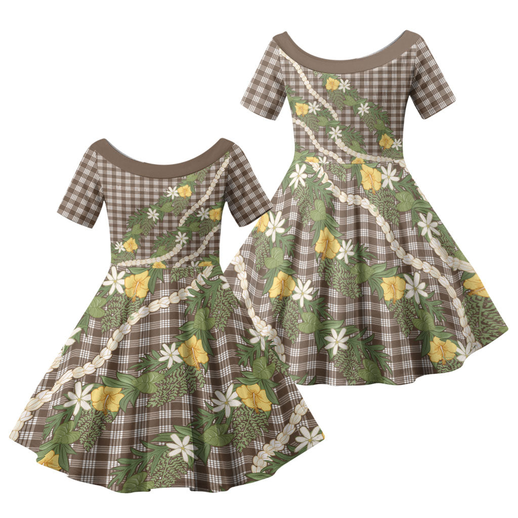 Aloha Puakenikeni Anthurium Pikake Lei Family Matching Puletasi and Hawaiian Shirt Chocolate Hawaiian Palaka Pattern LT9 Daughter's Dress Chocolate - Polynesian Pride
