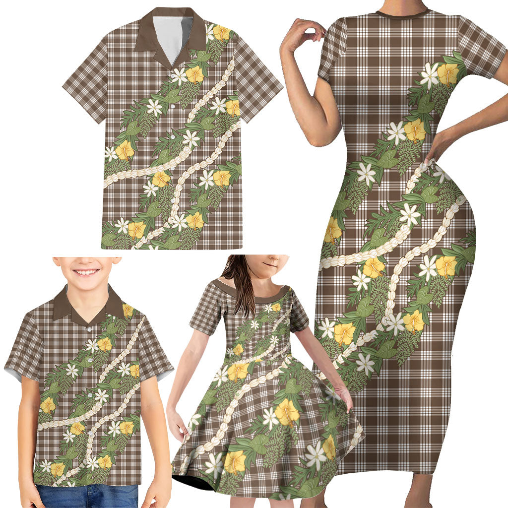 Aloha Puakenikeni Anthurium Pikake Lei Family Matching Short Sleeve Bodycon Dress and Hawaiian Shirt Chocolate Hawaiian Palaka Pattern LT9 - Polynesian Pride