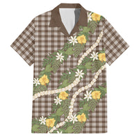 Aloha Puakenikeni Anthurium Pikake Lei Family Matching Short Sleeve Bodycon Dress and Hawaiian Shirt Chocolate Hawaiian Palaka Pattern