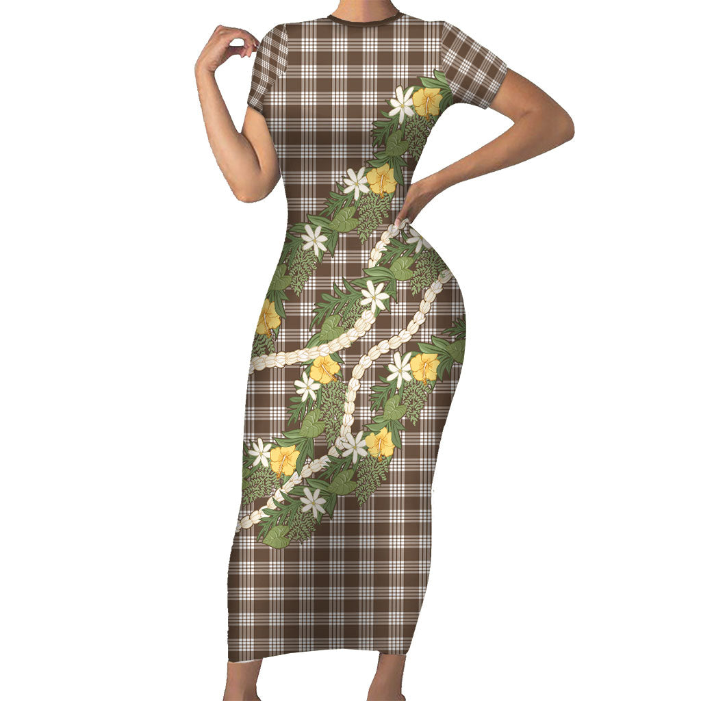 Aloha Puakenikeni Anthurium Pikake Lei Family Matching Short Sleeve Bodycon Dress and Hawaiian Shirt Chocolate Hawaiian Palaka Pattern