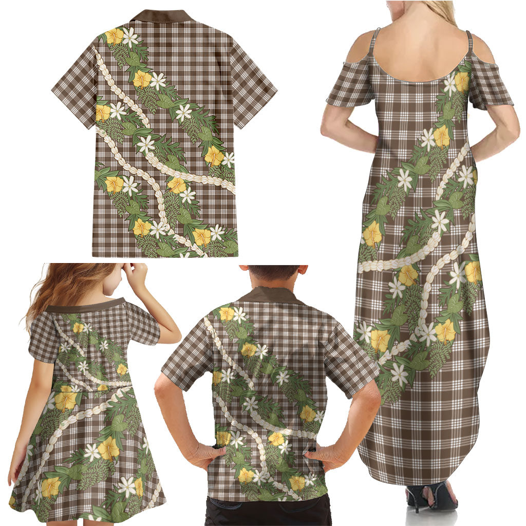 Aloha Puakenikeni Anthurium Pikake Lei Family Matching Summer Maxi Dress and Hawaiian Shirt Chocolate Hawaiian Palaka Pattern