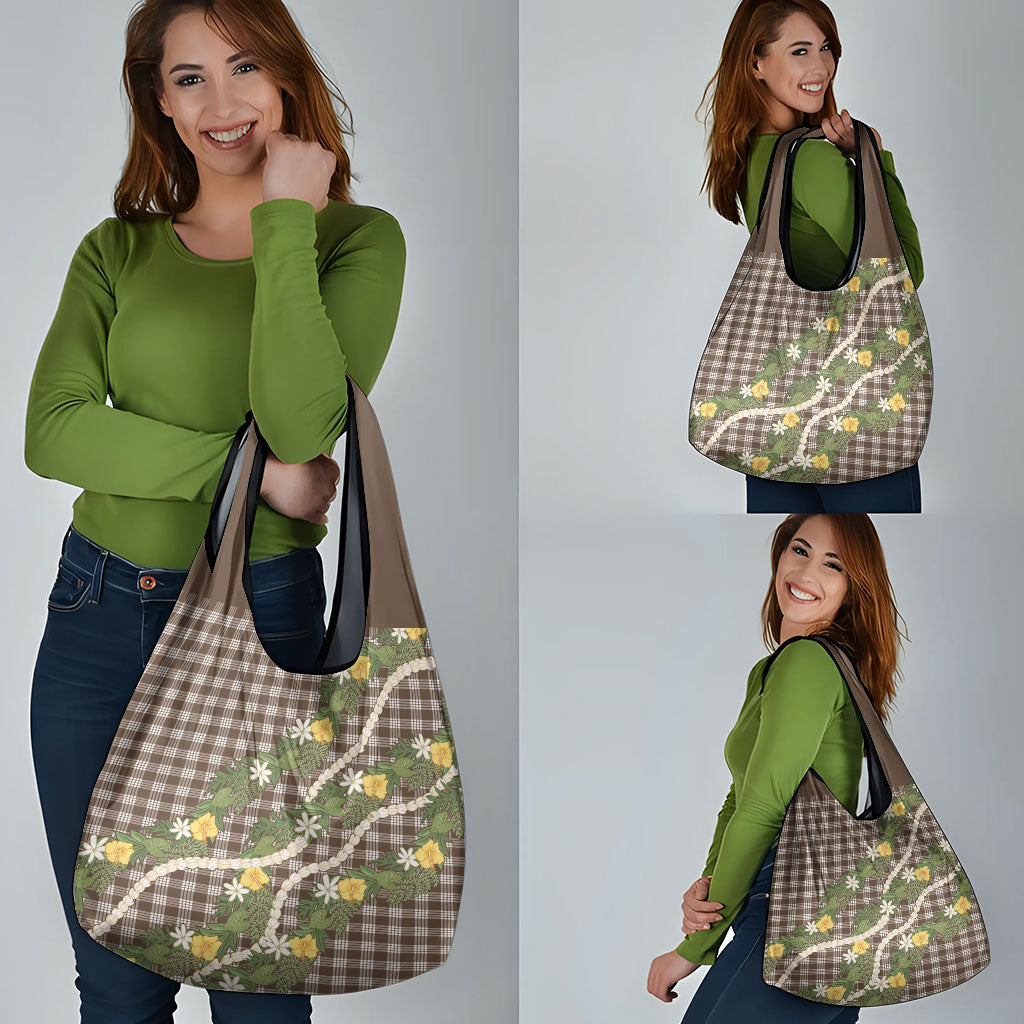 Aloha Puakenikeni Anthurium Pikake Lei Grocery Bag Chocolate Hawaiian Palaka Pattern LT9 - Polynesian Pride