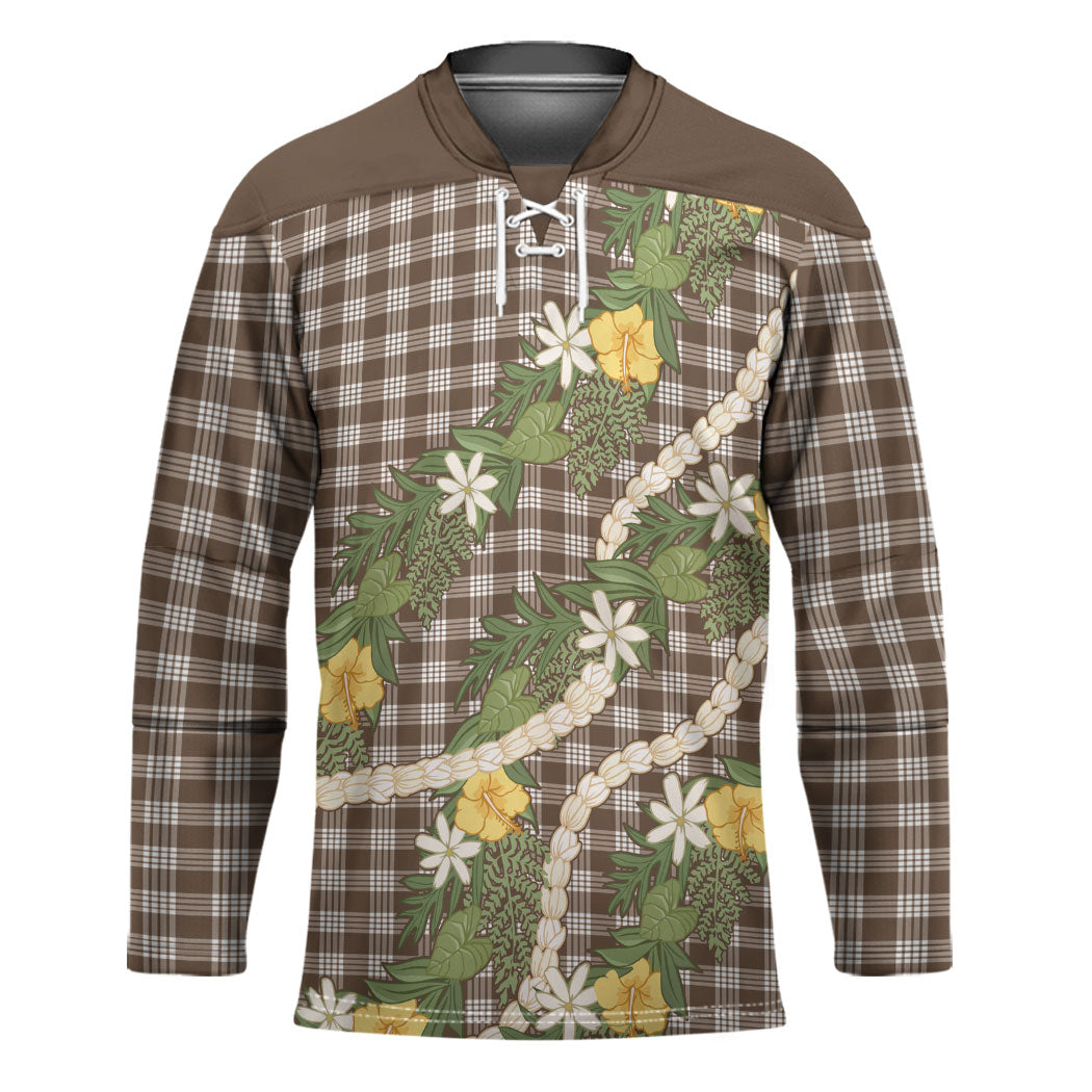 Aloha Puakenikeni Anthurium Pikake Lei Hockey Jersey Chocolate Hawaiian Palaka Pattern