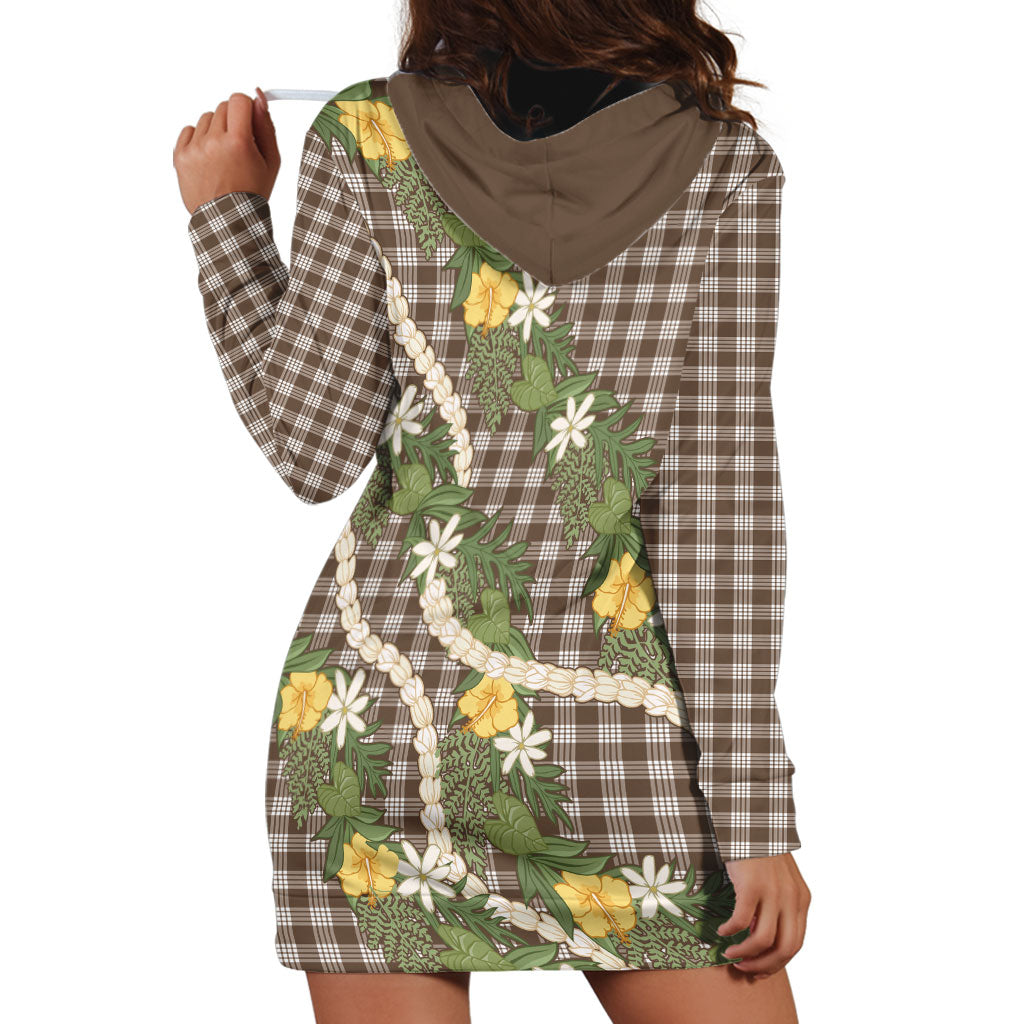 Aloha Puakenikeni Anthurium Pikake Lei Hoodie Dress Chocolate Hawaiian Palaka Pattern LT9 - Polynesian Pride