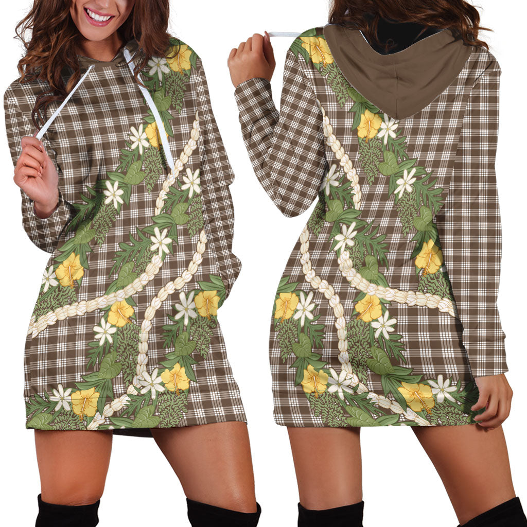 Aloha Puakenikeni Anthurium Pikake Lei Hoodie Dress Chocolate Hawaiian Palaka Pattern LT9 - Polynesian Pride