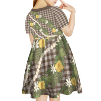 Aloha Puakenikeni Anthurium Pikake Lei Kid Short Sleeve Dress Chocolate Hawaiian Palaka Pattern LT9 - Polynesian Pride