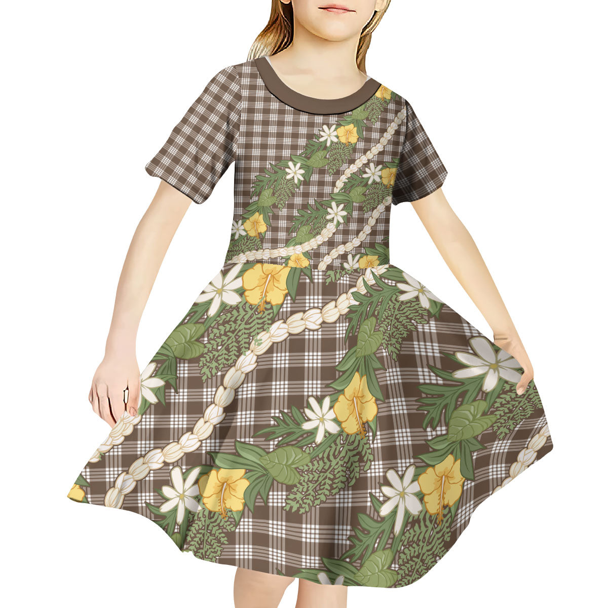Aloha Puakenikeni Anthurium Pikake Lei Kid Short Sleeve Dress Chocolate Hawaiian Palaka Pattern LT9 - Polynesian Pride