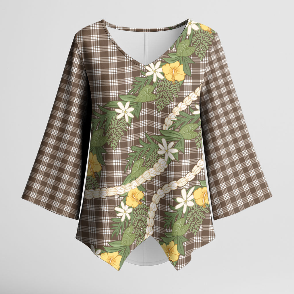 Aloha Puakenikeni Anthurium Pikake Lei Kimono Sleeve Blouse Chocolate Hawaiian Palaka Pattern