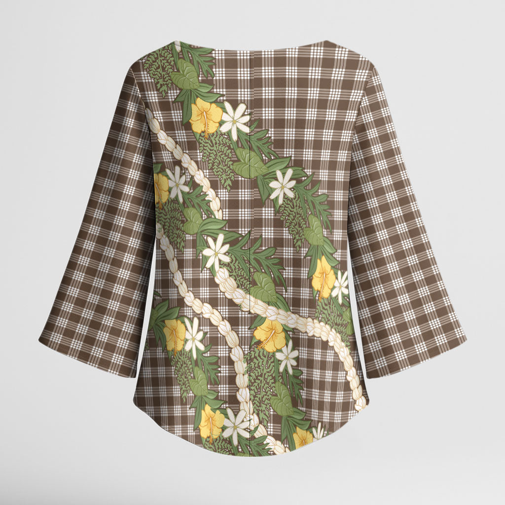 Aloha Puakenikeni Anthurium Pikake Lei Kimono Sleeve Blouse Chocolate Hawaiian Palaka Pattern