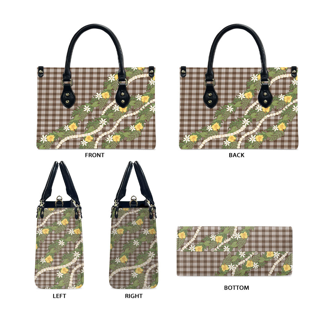 Aloha Puakenikeni Anthurium Pikake Lei Leather Bag Chocolate Hawaiian Palaka Pattern