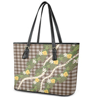 Aloha Puakenikeni Anthurium Pikake Lei Leather Tote Bag Chocolate Hawaiian Palaka Pattern
