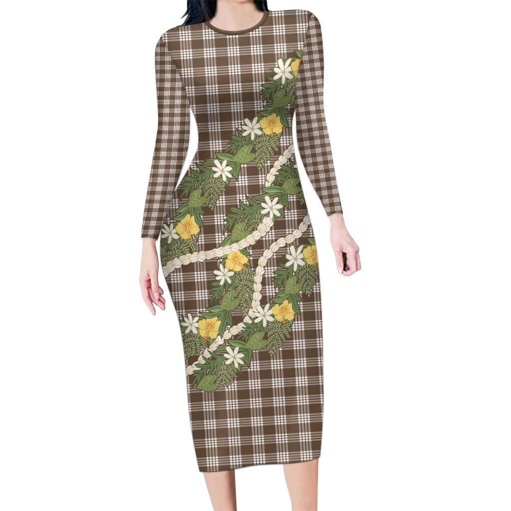 Aloha Puakenikeni Anthurium Pikake Lei Long Sleeve Bodycon Dress Chocolate Hawaiian Palaka Pattern LT9 Long Dress Chocolate - Polynesian Pride
