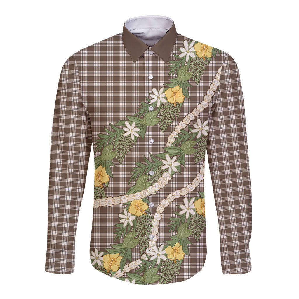 Aloha Puakenikeni Anthurium Pikake Lei Long Sleeve Button Shirt Chocolate Hawaiian Palaka Pattern LT9 Unisex Chocolate - Polynesian Pride