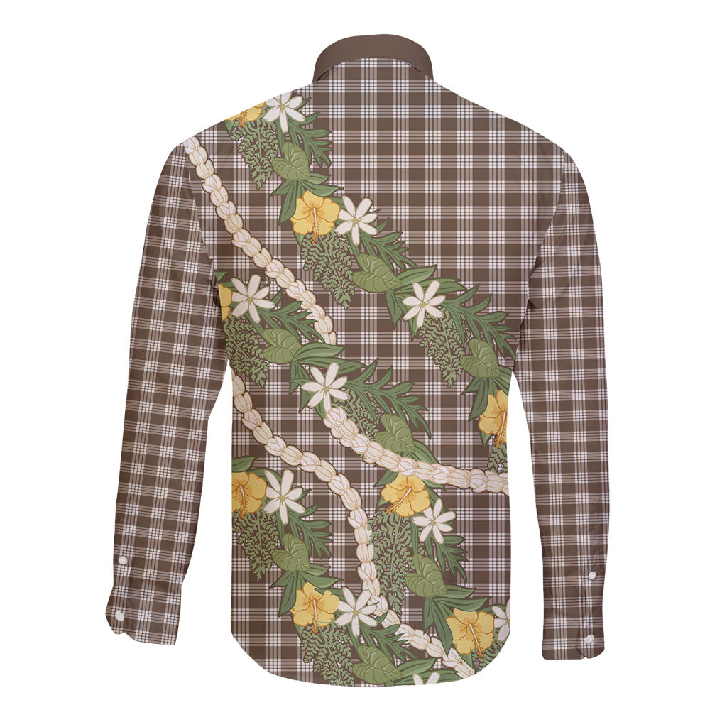Aloha Puakenikeni Anthurium Pikake Lei Long Sleeve Button Shirt Chocolate Hawaiian Palaka Pattern LT9 - Polynesian Pride