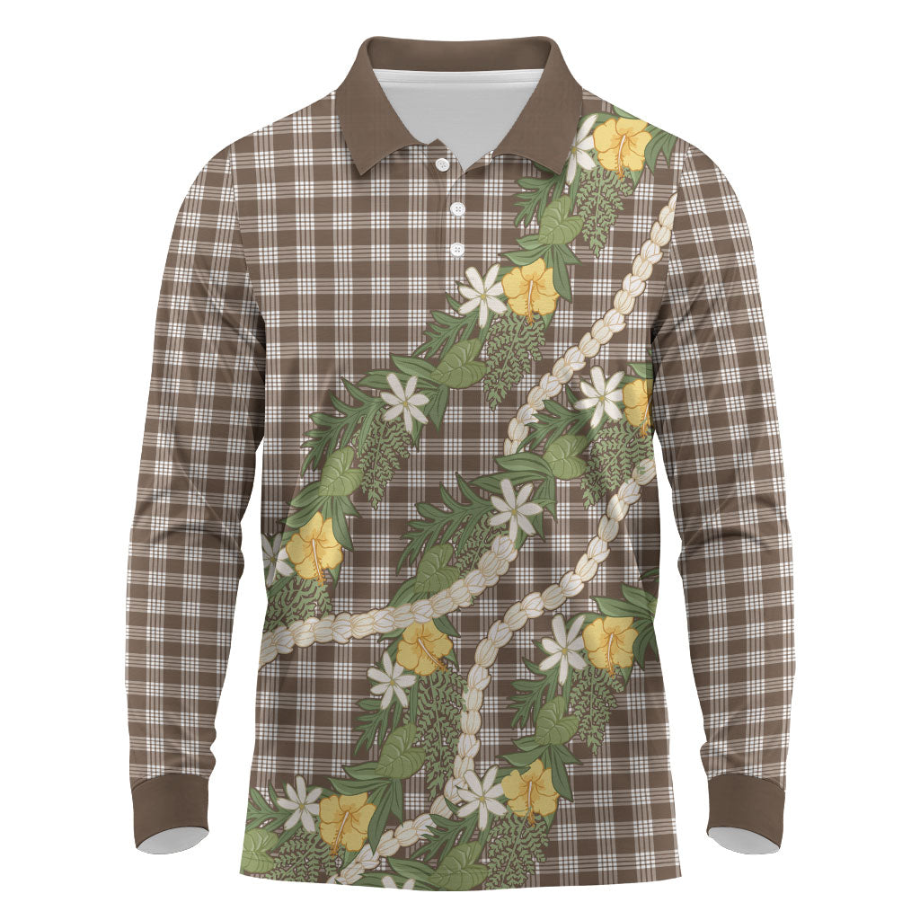 Aloha Puakenikeni Anthurium Pikake Lei Long Sleeve Polo Shirt Chocolate Hawaiian Palaka Pattern LT9 Chocolate - Polynesian Pride