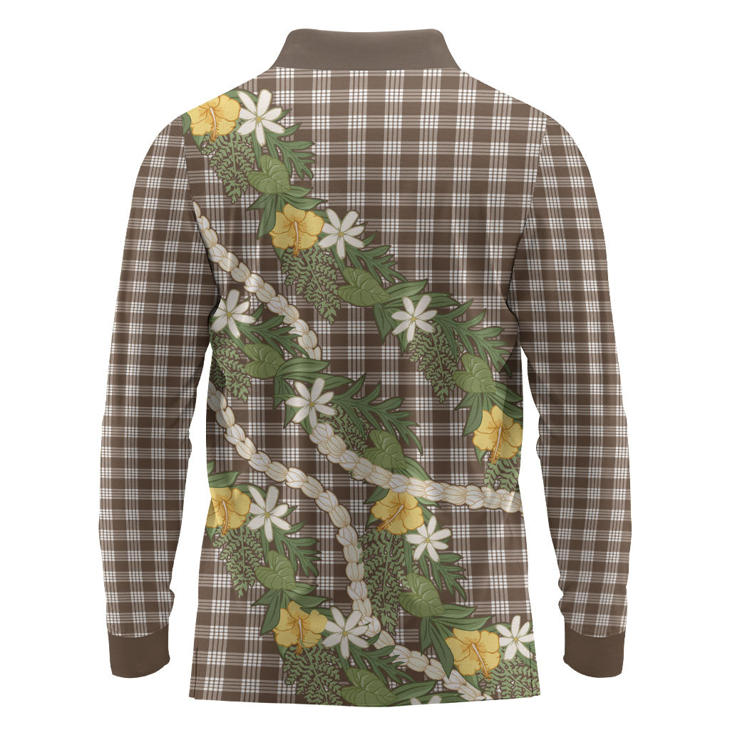 Aloha Puakenikeni Anthurium Pikake Lei Long Sleeve Polo Shirt Chocolate Hawaiian Palaka Pattern LT9 - Polynesian Pride