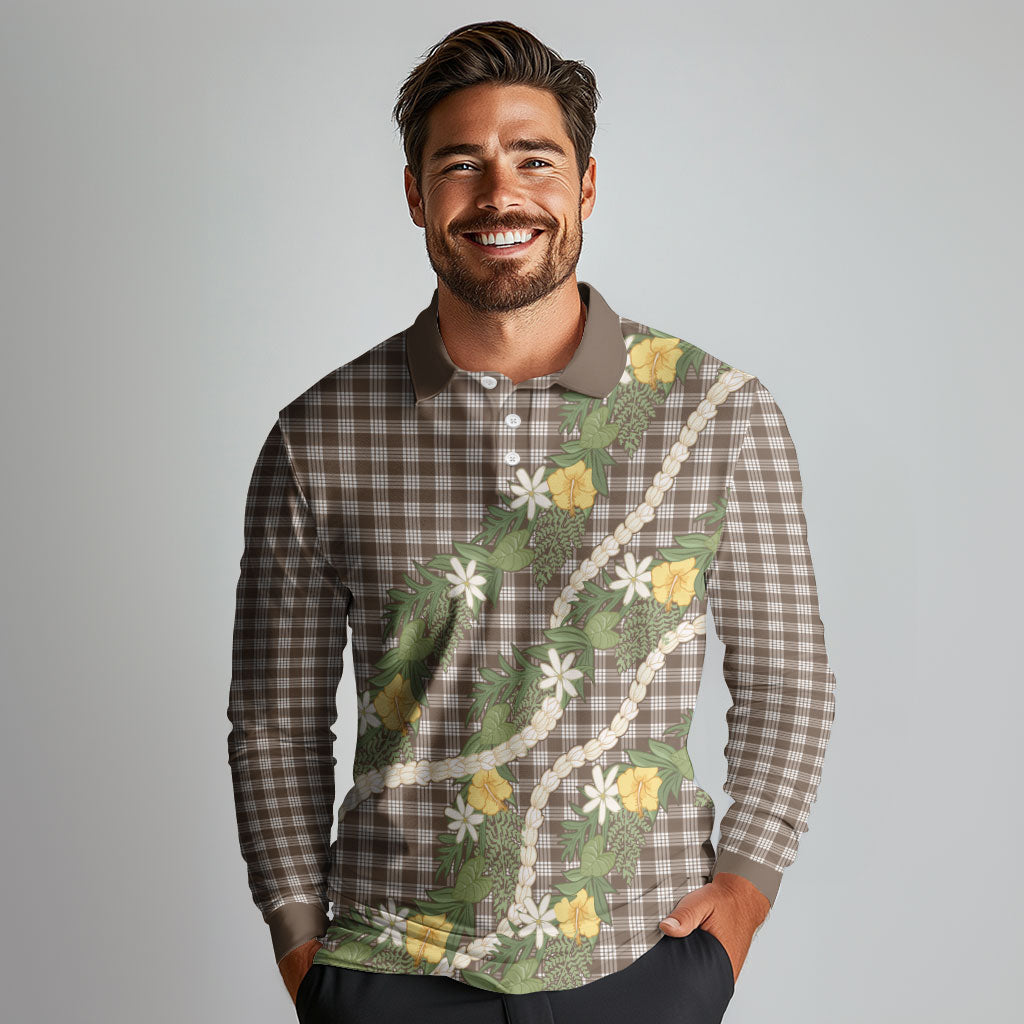 Aloha Puakenikeni Anthurium Pikake Lei Long Sleeve Polo Shirt Chocolate Hawaiian Palaka Pattern LT9 - Polynesian Pride