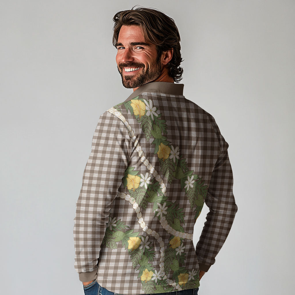 Aloha Puakenikeni Anthurium Pikake Lei Long Sleeve Polo Shirt Chocolate Hawaiian Palaka Pattern LT9 - Polynesian Pride