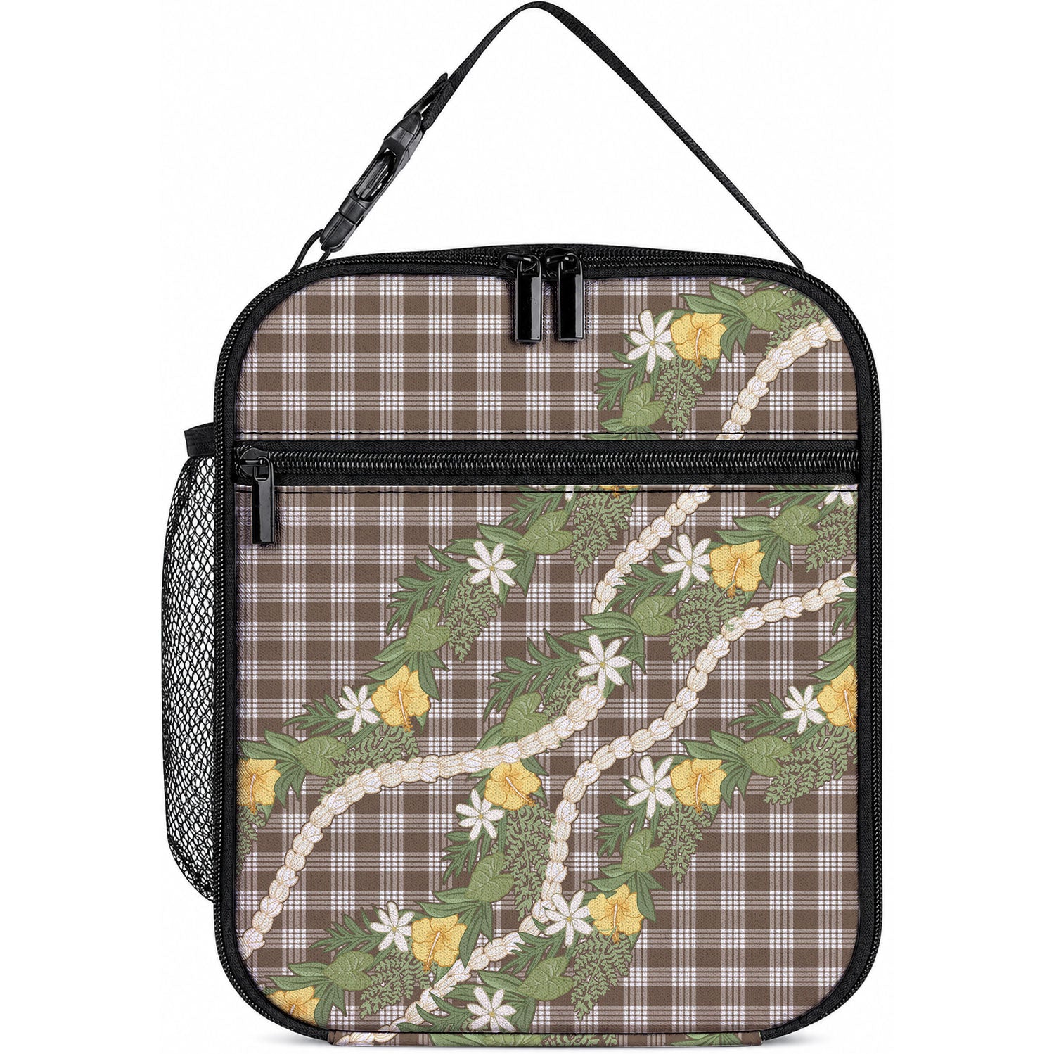 Aloha Puakenikeni Anthurium Pikake Lei Lunch Bag Chocolate Hawaiian Palaka Pattern LT9 10.2 × 8.3 × 4.3 inch Chocolate - Polynesian Pride