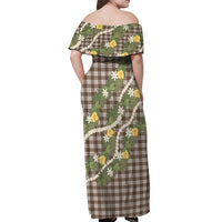 Aloha Puakenikeni Anthurium Pikake Lei Off Shoulder Maxi Dress Chocolate Hawaiian Palaka Pattern
