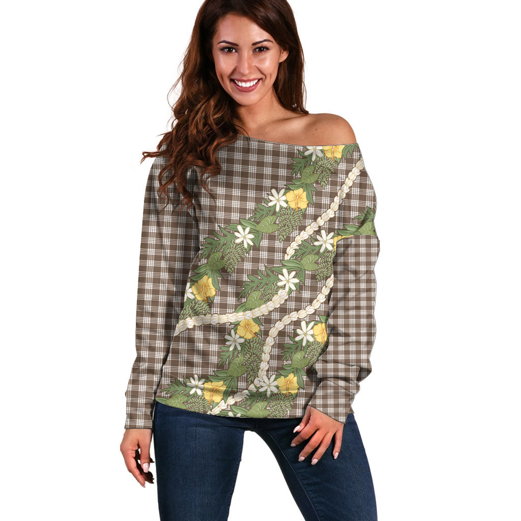 Aloha Puakenikeni Anthurium Pikake Lei Off Shoulder Sweater Chocolate Hawaiian Palaka Pattern LT9 Women Chocolate - Polynesian Pride