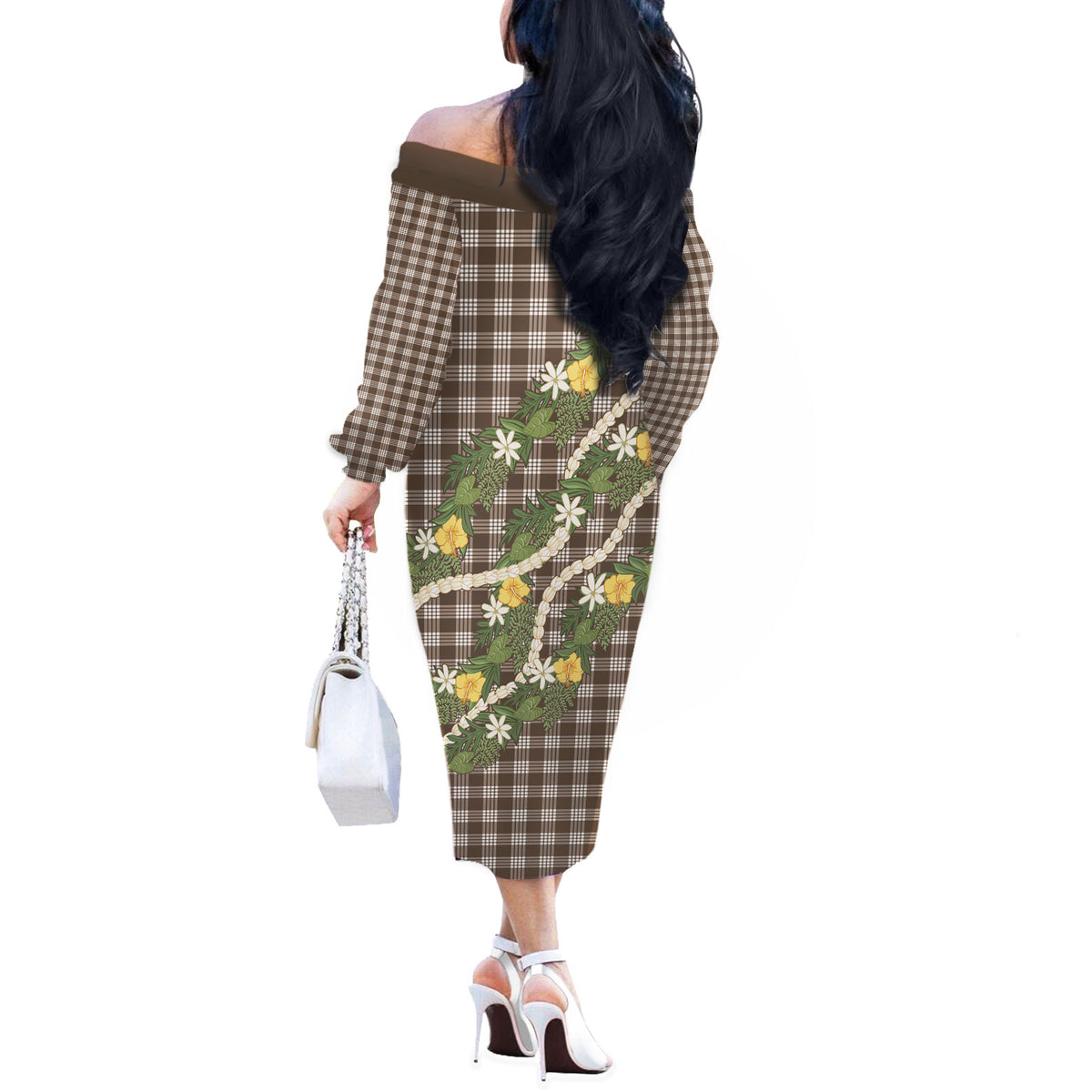 Aloha Puakenikeni Anthurium Pikake Lei Off The Shoulder Long Sleeve Dress Chocolate Hawaiian Palaka Pattern LT9 - Polynesian Pride