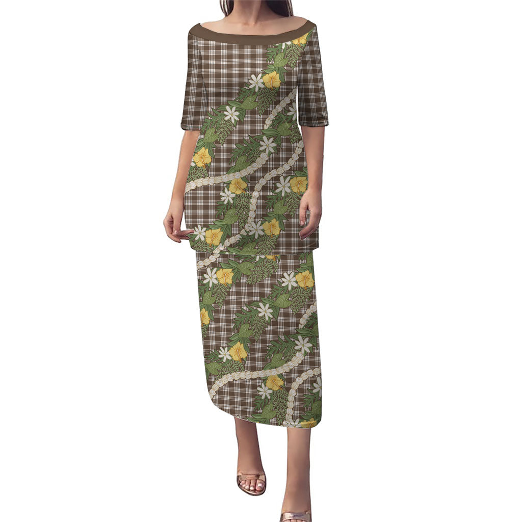Aloha Puakenikeni Anthurium Pikake Lei Puletasi Chocolate Hawaiian Palaka Pattern LT9 Long Dress Chocolate - Polynesian Pride