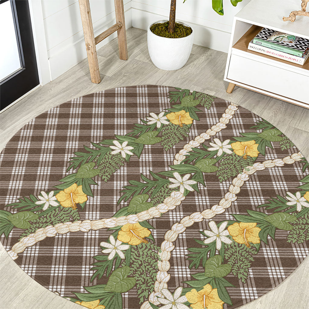 Aloha Puakenikeni Anthurium Pikake Lei Round Carpet Chocolate Hawaiian Palaka Pattern