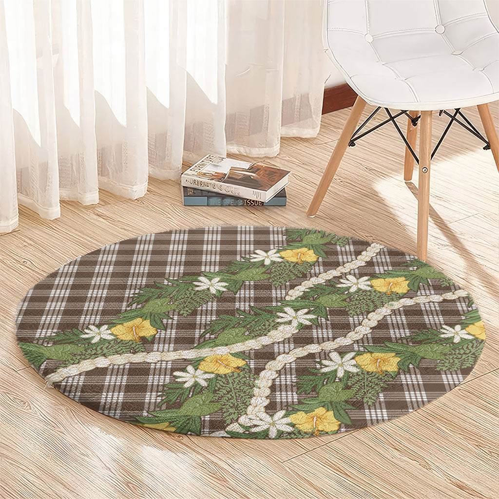 Aloha Puakenikeni Anthurium Pikake Lei Round Carpet Chocolate Hawaiian Palaka Pattern