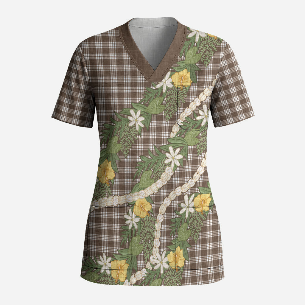 Aloha Puakenikeni Anthurium Pikake Lei Scrub Top Chocolate Hawaiian Palaka Pattern LT9 Adult Chocolate - Polynesian Pride