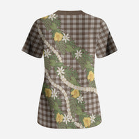 Aloha Puakenikeni Anthurium Pikake Lei Scrub Top Chocolate Hawaiian Palaka Pattern